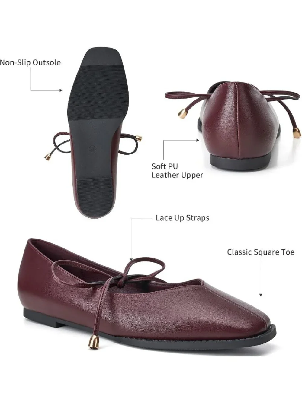 Women's Burgundy Mary Jane Ballet Flats Square Toe Bow Comfort Dress Shoes